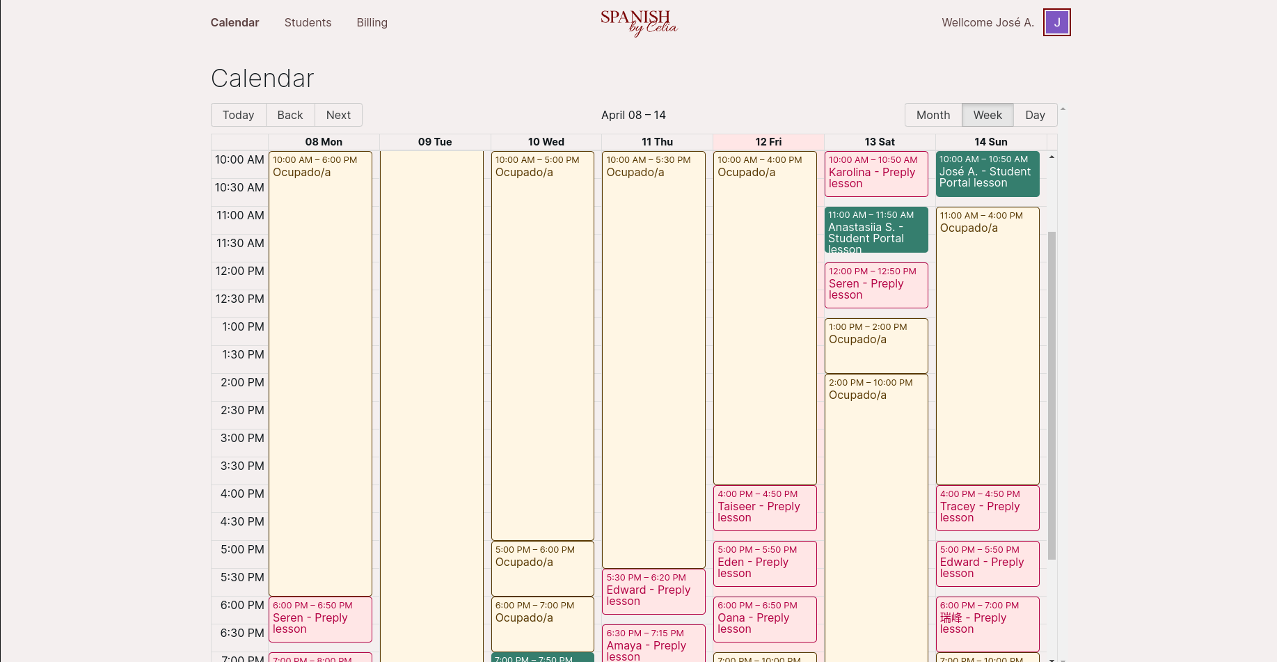 Teacher View Calendar